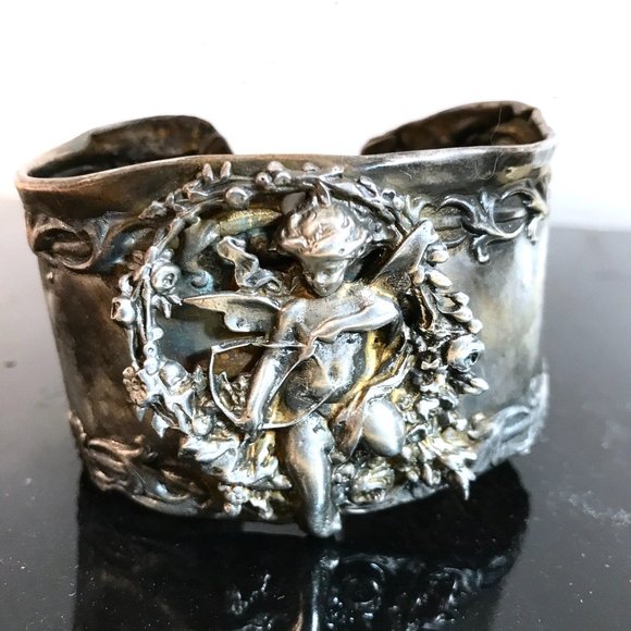 Angel Sterling Silver Cuff Bracelet Repoussé Antique 925 Victorian Wide Floral - Picture 7 of 8